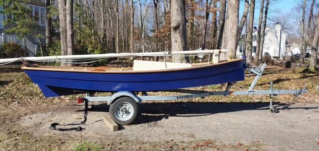 14' Oyster Sharpie - Howard Chapelle design- on trailer starboard side view