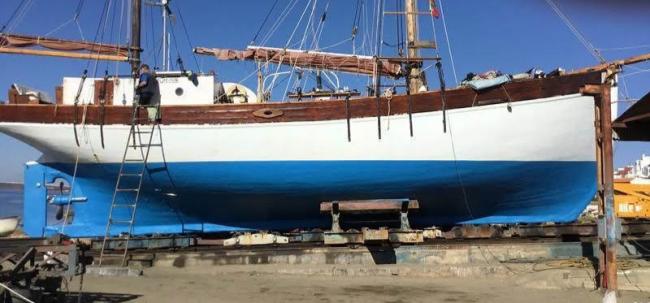 1928 Danish built 82’ Ketch “Pax Nostrum” Project, out of water starboard side