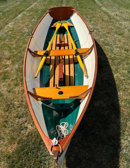 Acorn Skiff, on trailer bow end, looking down towards stern