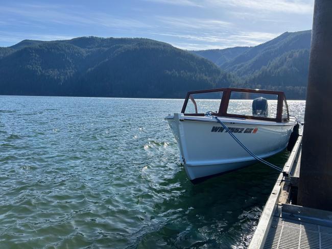 Albury Brothers Runabout, in water docked view of bow port side
