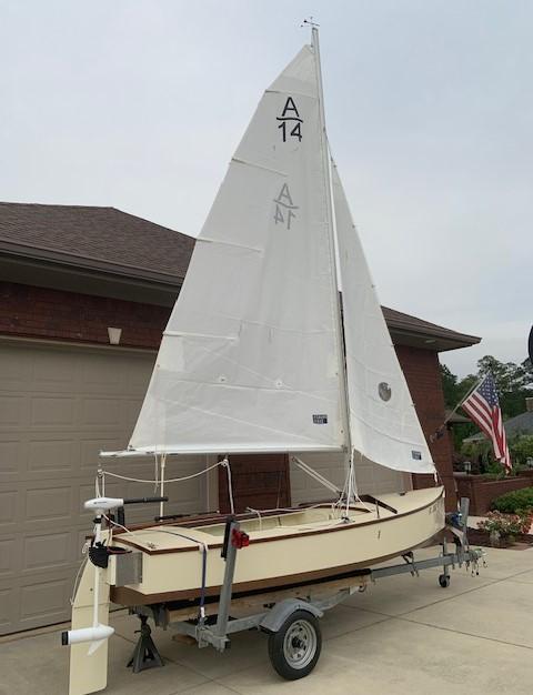 Arch Davis Ace 14, on trailer starboard side stern view, sails up