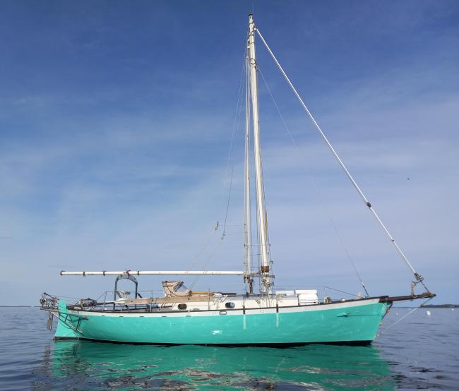 Atkin 30' Gaff-Cutter WindRose 1979, in water starboard side view