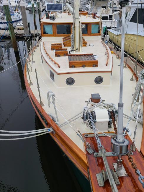 48' William Hand Ketch-Rigged Motorsailer (1989), docked bow view from  above