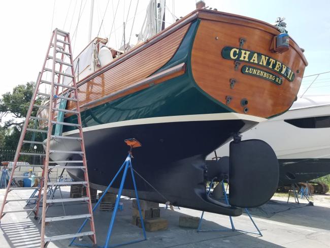 48' William Hand Ketch-Rigged Motorsailer (1989), on the hard, ladder on port side, boat stands