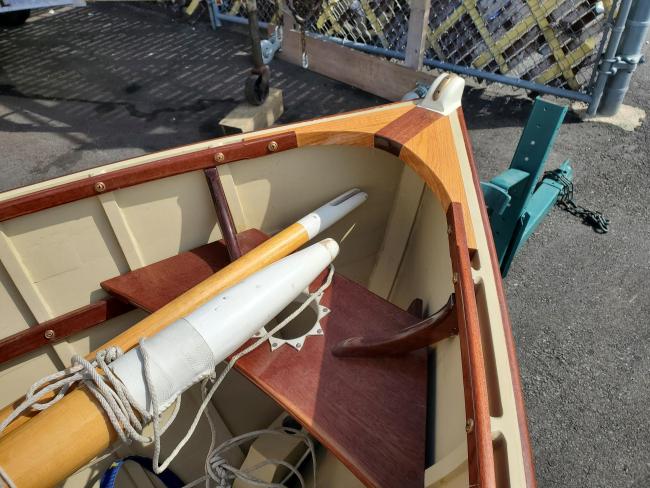 Catspaw Dinhgy, on trailer view from above looking toward stern