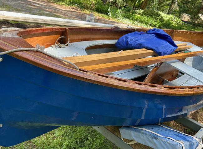 Chesapeake Light Craft Peapod, on trailer view of boat