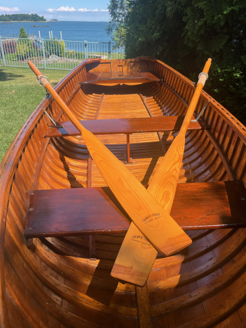 Classic Wooden Rowboat 12', looking inside boat with oars