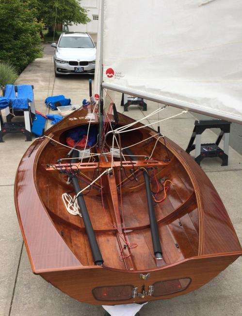 Dinghy for sale, on trailer view from stern