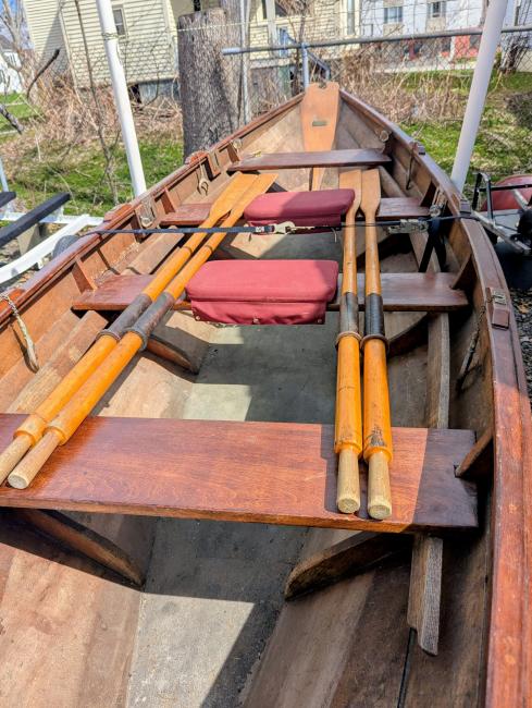 Swampscott Dory, 17', view of inside, on the hard