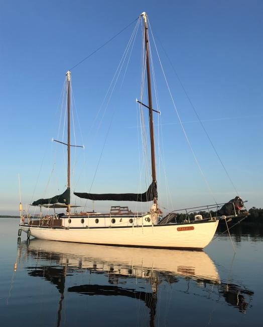 1947 Cypress-On-Oak 46 ft Centerboard Ketch, in water starboard side view
