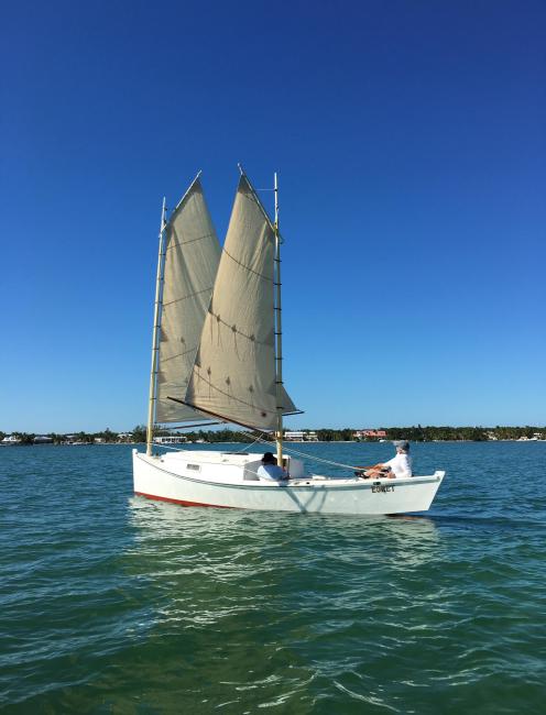 "Egret" Munroe style Sharpie 1981 , undersail, port side view, blue skies