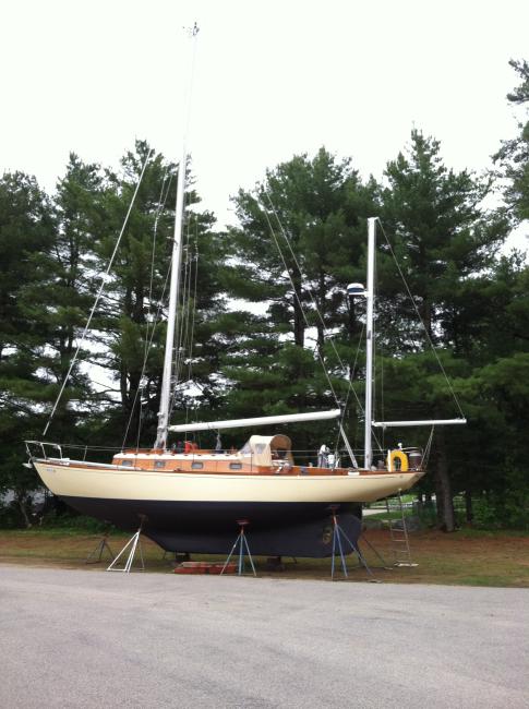 1962 Ted Hood Little Harbor 40' Centerboard Yawl, on stands, port side view