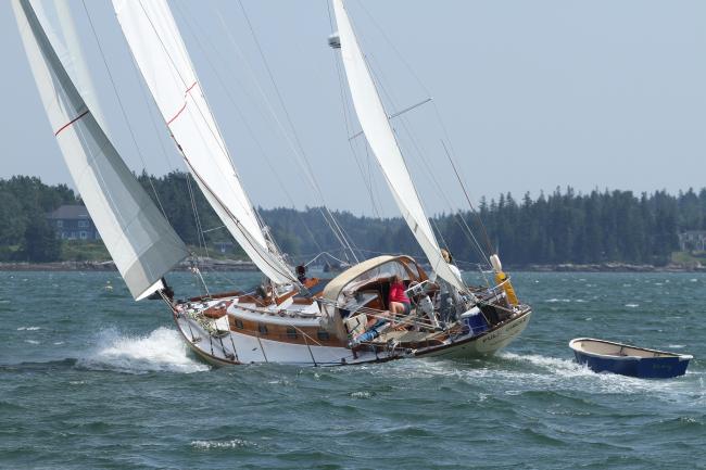 Ted Hood 1962 LIttle Harbor 40 , undersail, looking towards stern, port side view