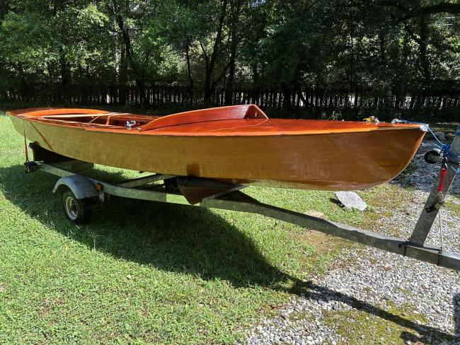 GERBER ALL-VARNISHED WOODEN SNIPE SAILBOAT 17' 300 lbs, on trailer starboard side view