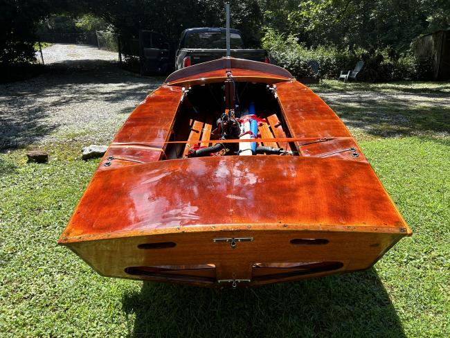 GERBER ALL-VARNISHED WOODEN SNIPE SAILBOAT 17' 300 lbs, on trailer looking at stern