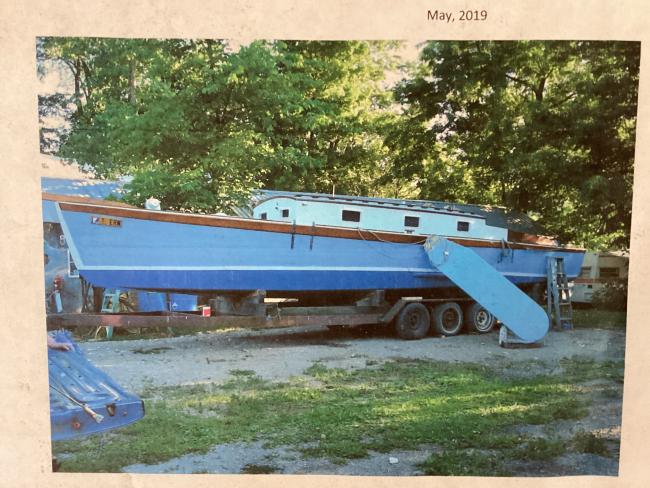 HERRESHOFF MEADOWLARK KETCH, on trailer starboard side view