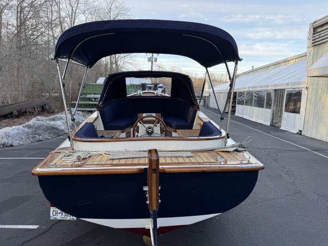2025 Paul Gartside Custom 17' Electric Launch, full transom view, on trailer, 