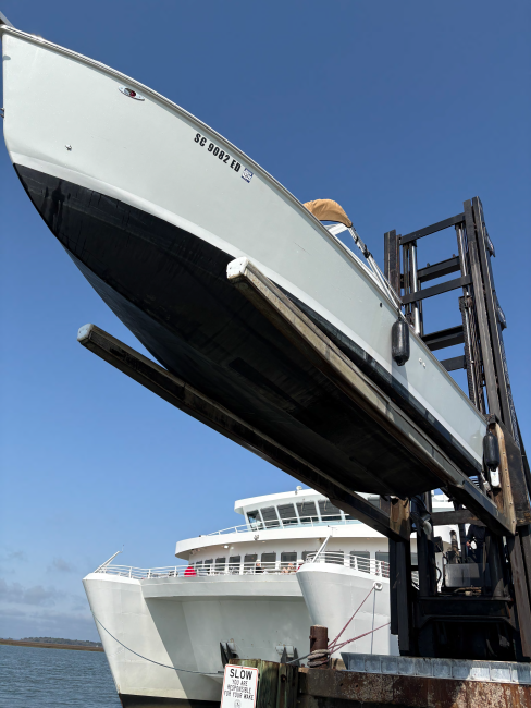 Chesapeake Bay Cruiser, on lift full view bottom port side