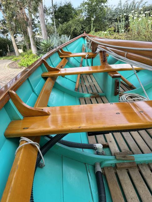 21-Foot Beachcomber Alpha Sailing Dory for sale, view inside seats port side