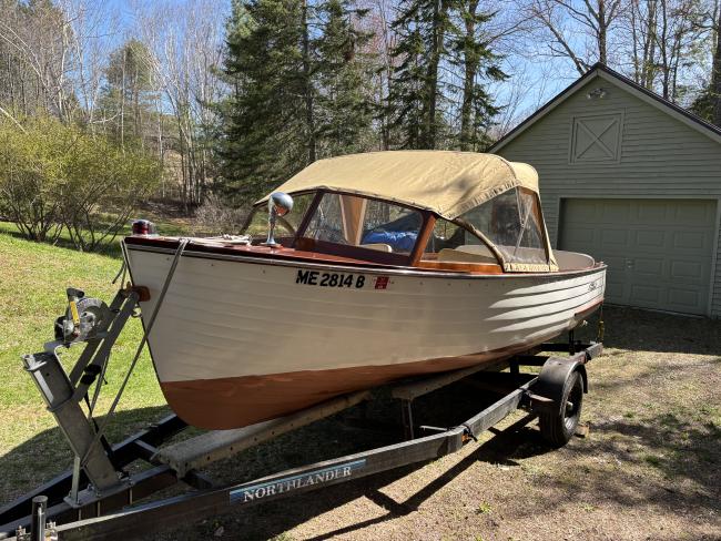 1956 Chris Craft Sea Skiff, on trailer bow end port side view