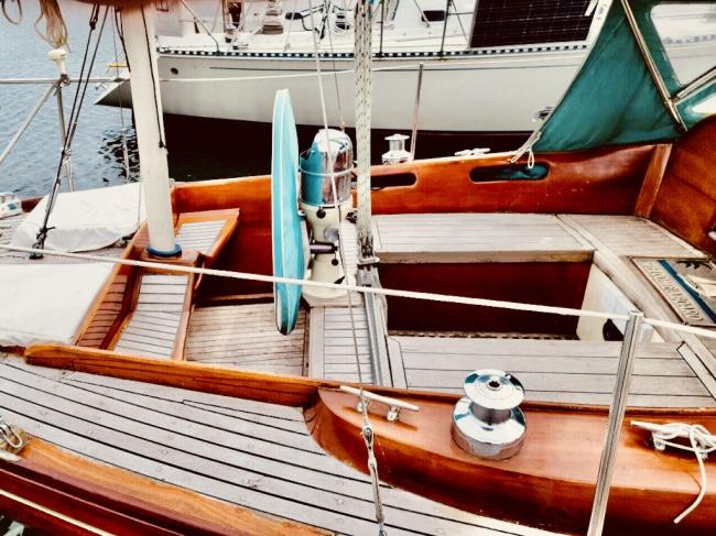 Rainmaker 1963 Yawl 39' bright finish, close view of deck
