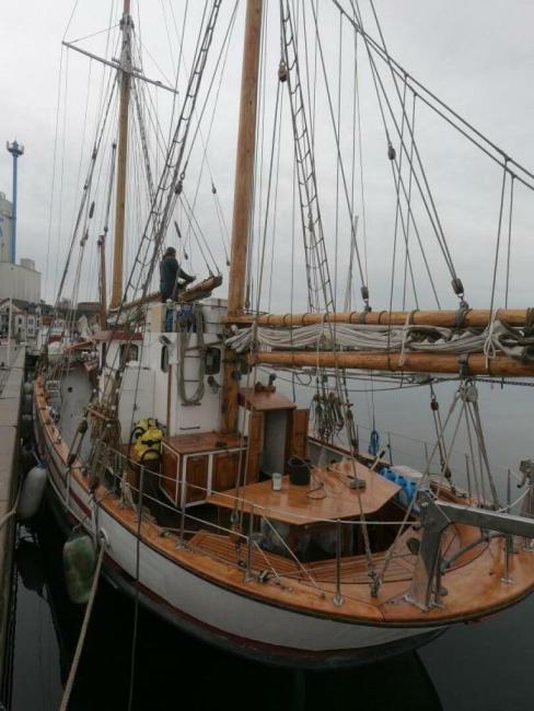 60' 1939 Custom Danish Hajkutter Gaff Ketch For Sale , docked portside stern view