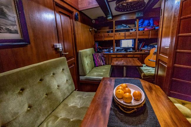 60' 1939 Custom Danish Hajkutter Gaff Ketch For Sale , dining inside view