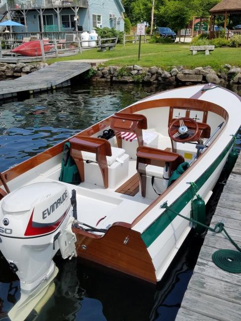 LS 17' Runabout, docked view from stern starboard side