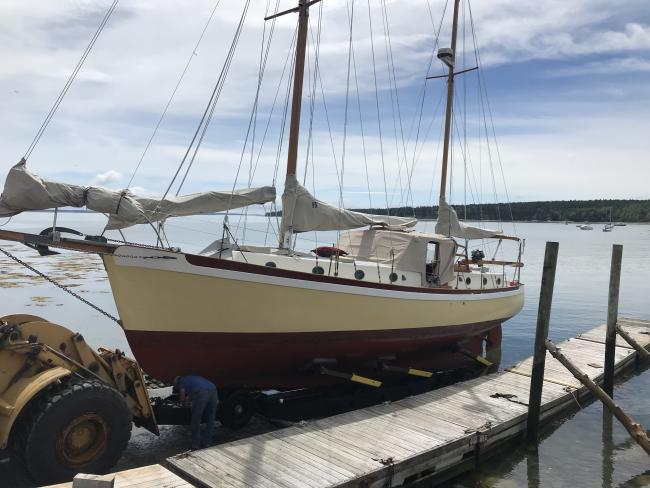 Pilothouse ketch, docked port side view