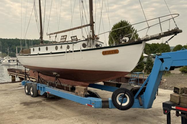 1947 Cypress-On-Oak 46 ft Centerboard Ketch, on trailer starboard bow view