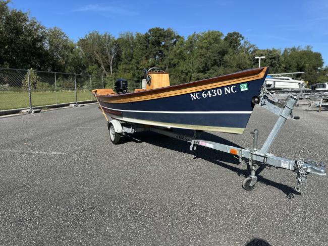 CLC Peeler Skiff 16, on trailer, port side bow end view