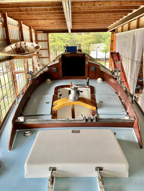 Spirit 39’ Sloop, stored inside, view from above looking at deck toward bow