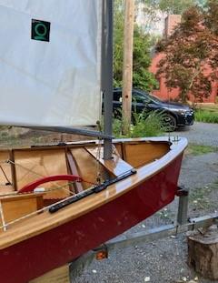 2008 Bristol Seacraft Penguin, port side bow view, on trailer, sail up