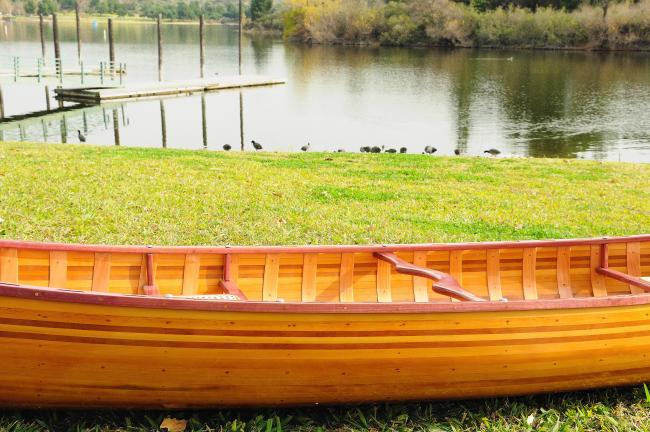 Wooden Canoe With Ribs Curved Bow 12', view from side and inside