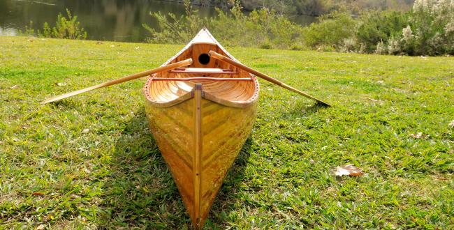 Wooden Canoe With Ribs Curved Bow 12', bow facing view