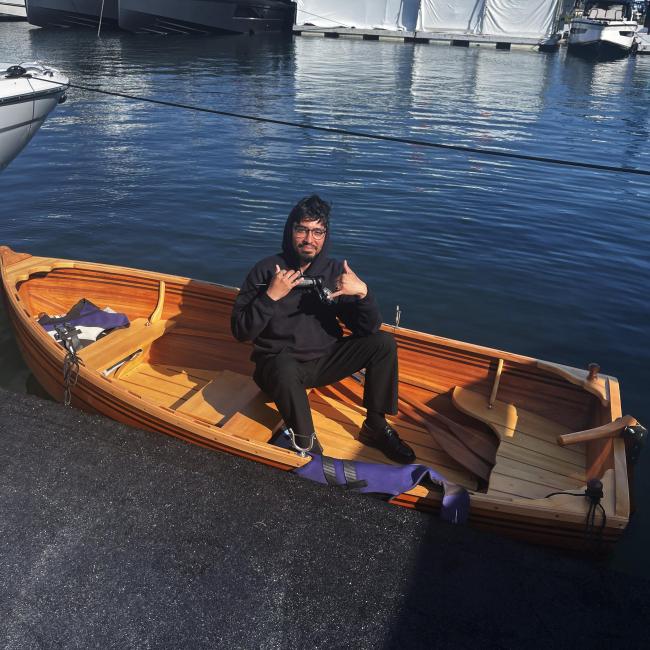 Little Bear Wooden Dinghy 10', in water docked view from above port side