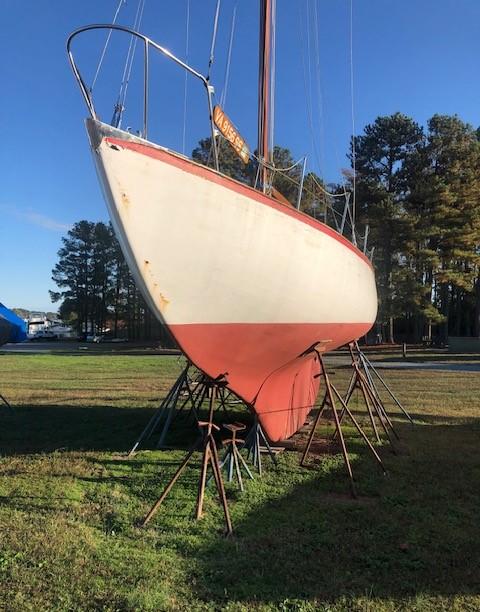 NIRVANA III 1965 Danish sloop 4 on stands bow view