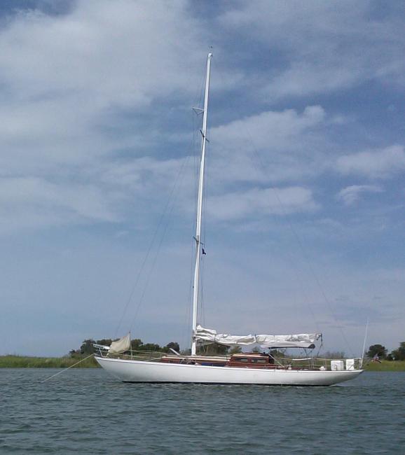 1946 44’ Island Clipper Sloop Nirvana, in water port side view