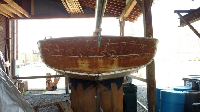 Wooden ballast keel sloop "RASCAL", inside on stands view of transom