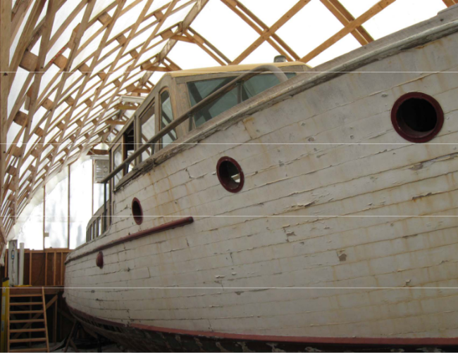 STEPHENS 43' Bridge Deck Cruiser 1930 Project Boat, stored inside starboard side view