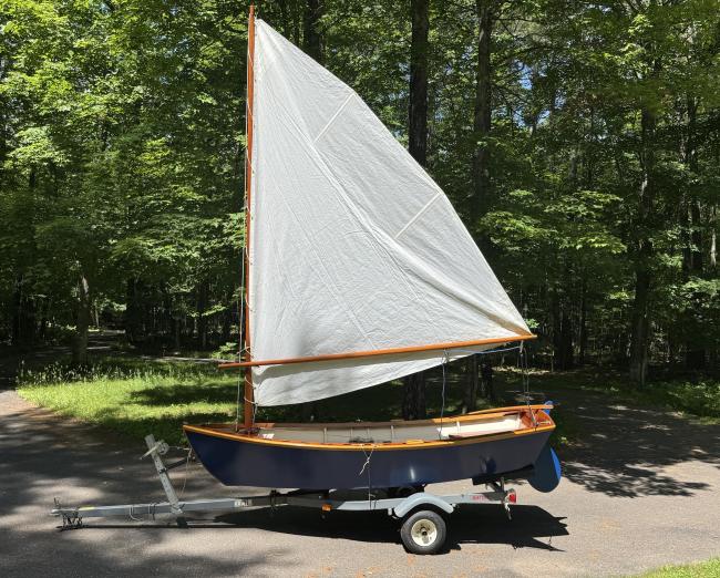 Sailing skiff, on trailer port side view