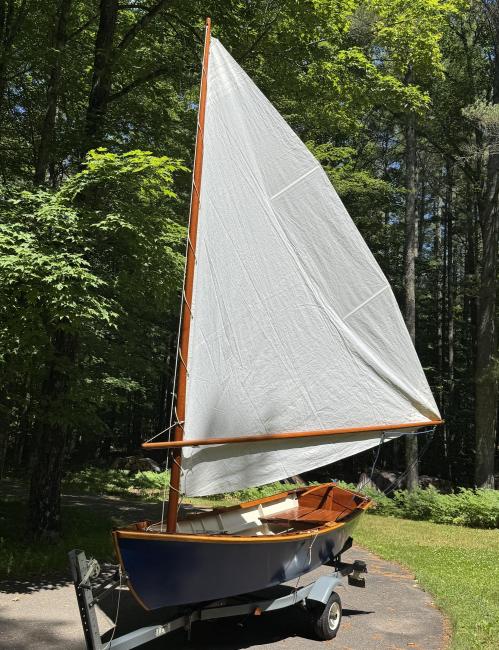 Sailing skiff, on trailer view of bow port side