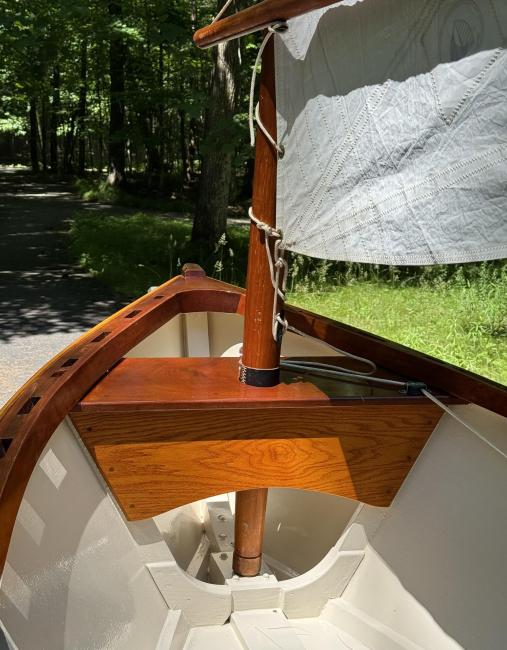 Sailing skiff, upclose view inside looking toward bow