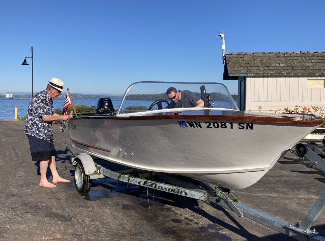 Clark Craft Beauty, Lovingly Built, on trailer starboard side bow view