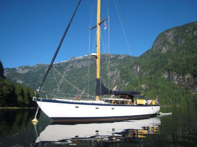 51ft 1956 Vic Franck Built Custom Ben Seaborn Sloop - Sea Fever, moored on a blue sky day port side view