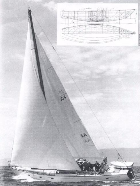 51ft 1956 Vic Franck Built Custom Ben Seaborn Sloop - Sea Fever, black and white, undersail port side view, drawing plan in top right corner