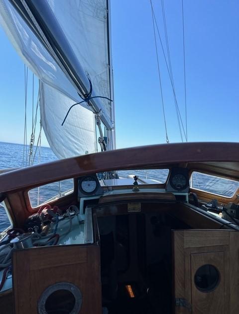 "SHADOWFOX" 31' Ocean crossing cruiser, undersail, view from the helm