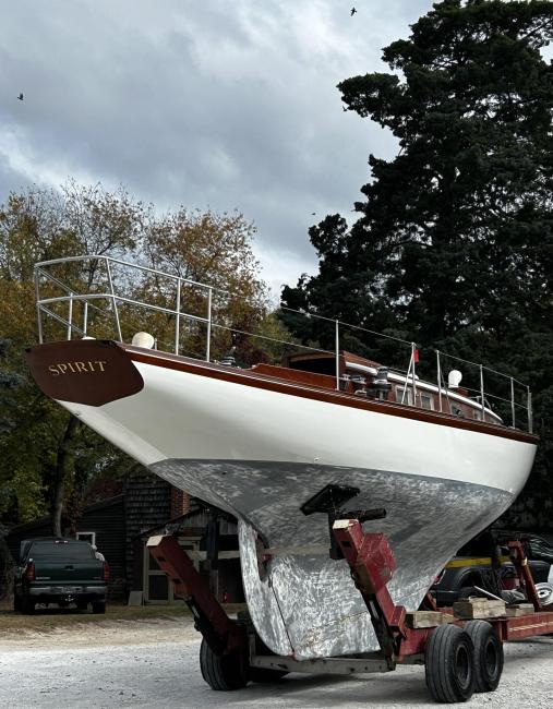 Spirit 39’ Sloop, on trailer, startboard side stern view