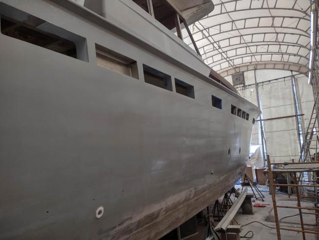 1965 Chris-Craft Constellation, stored inside upclose side view