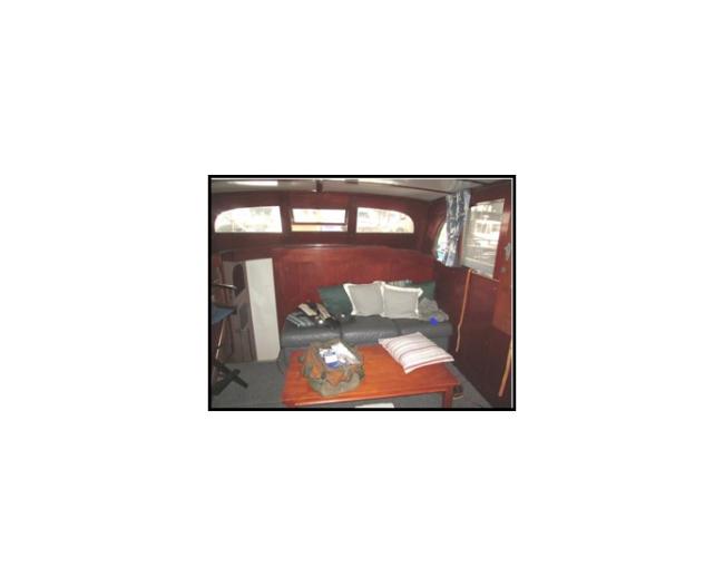 Classic wooden twin diesel cruiser, view of salon